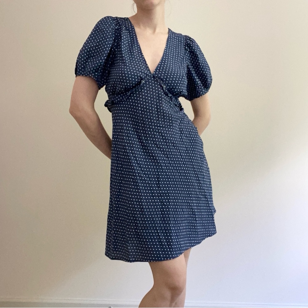 Madewell Polka Dot Babydoll Style Mini Dress Puff Sleeves V-Neck - Picture 4 of 7